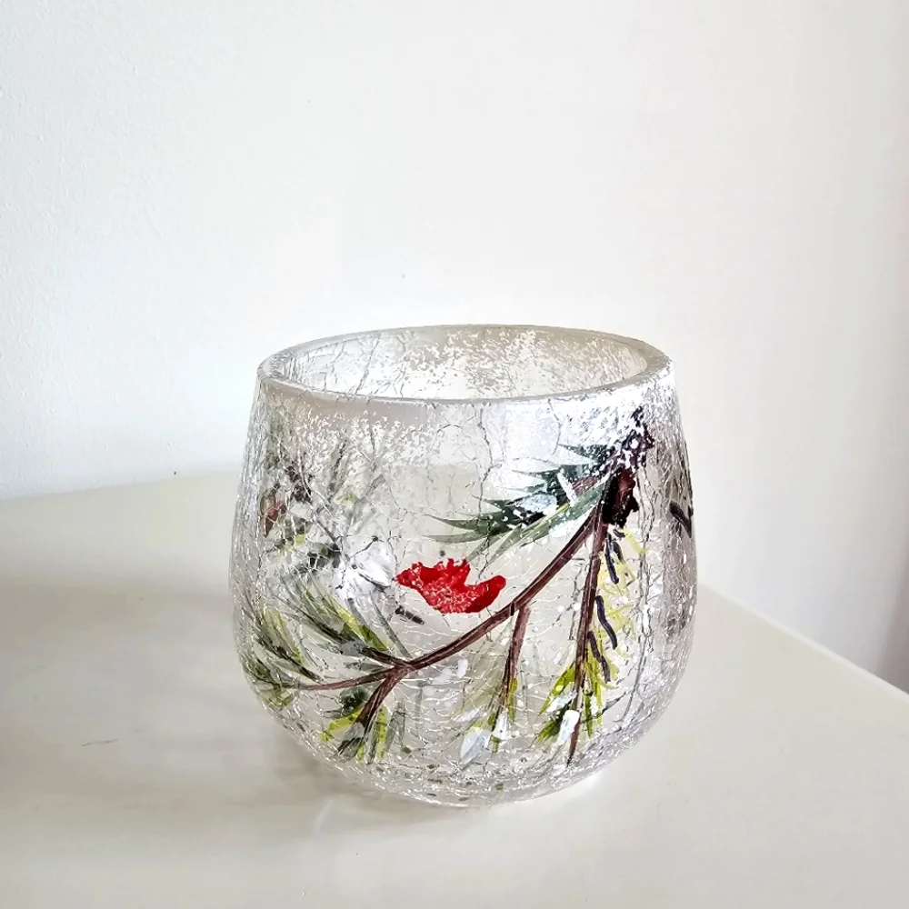 Vintage Yankee Welcome Winter Crackle Frosted Glass Votive Pine Candle Holders